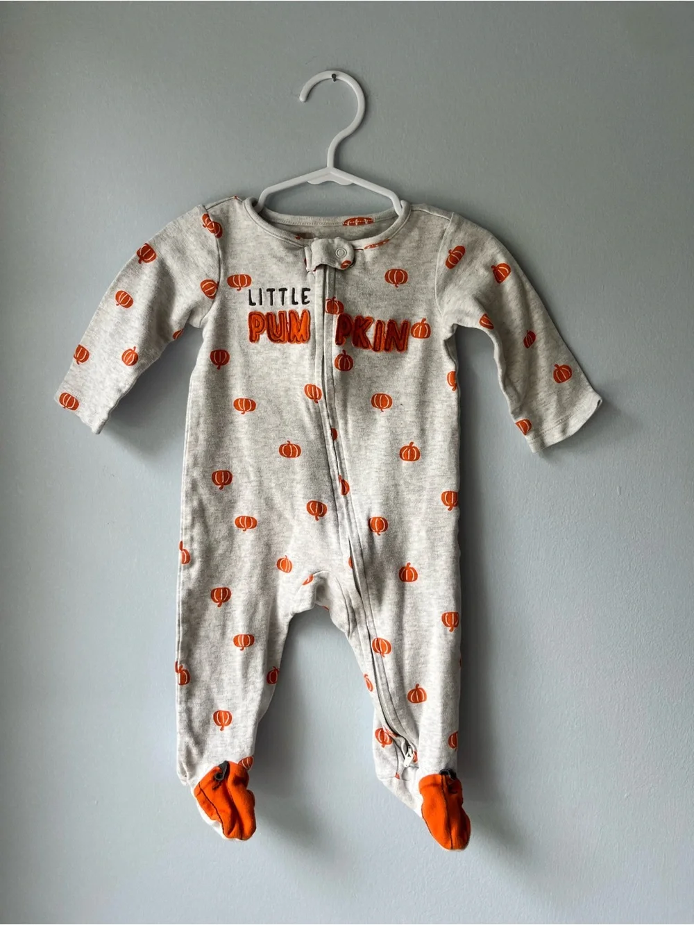Carter's Little Pumpkin Gray & Orange Baby One-Piece Footed Pajamas- 9 Month